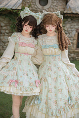 Green [An Encounter with Austin] Square Collar Short Sleeves Multi-Layered Rose Printed Ruffled Bow Lace Sweet Lolita Dress 2 Versions - Product - 9