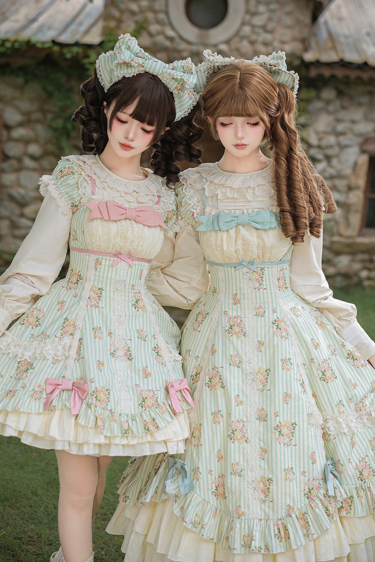 Green [An Encounter with Austin] Square Collar Short Sleeves Multi-Layered Rose Printed Ruffled Bow Lace Sweet Lolita Dress 2 Versions - Product - 9