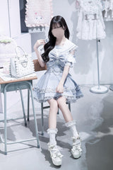 Aqua [Apprentice Witch] Off Shoulder Navy Collar Short Sleeves Ruffled Bow Lace Pearl Detail Classic Jirai Kei Japanese Skirt Set - Product - 2