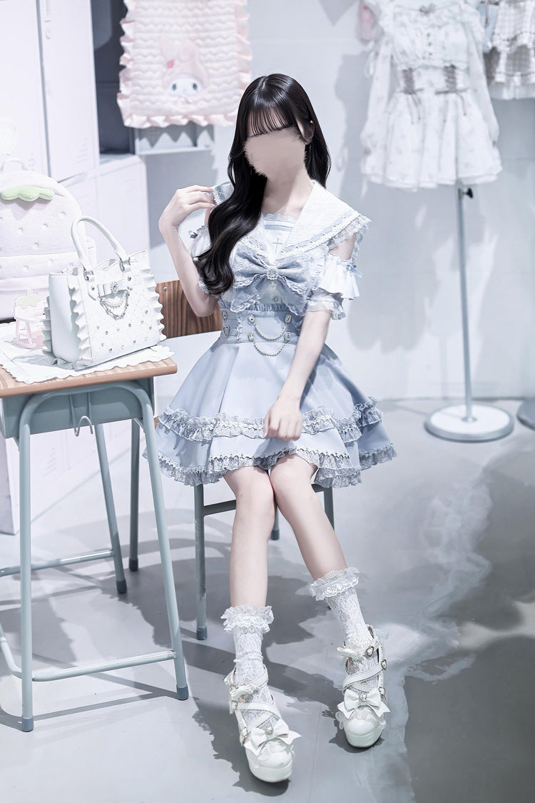 Aqua [Apprentice Witch] Off Shoulder Navy Collar Short Sleeves Ruffled Bow Lace Pearl Detail Classic Jirai Kei Japanese Skirt Set - Product - 2