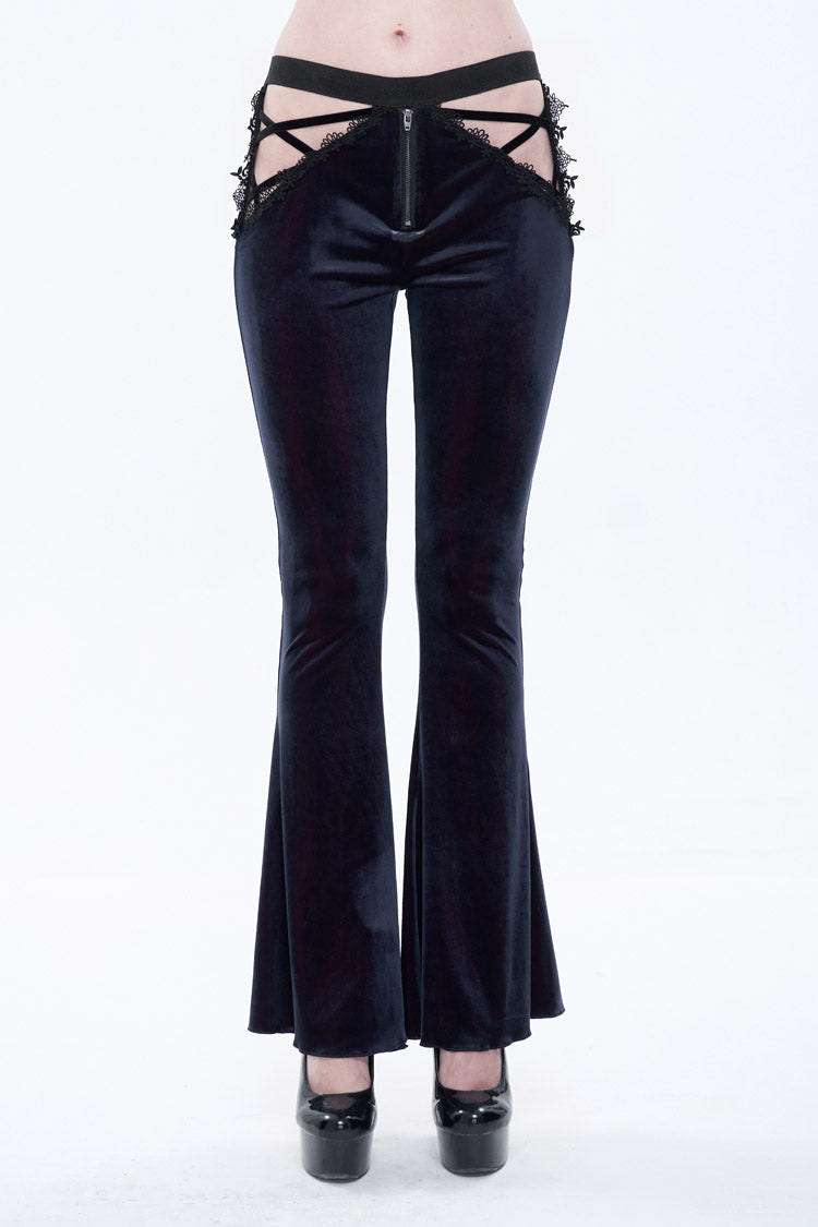 Black/Red Velvet Low-Rise Ribbon Cutout Flare Women's Gothic Pants - Black/Red - 1