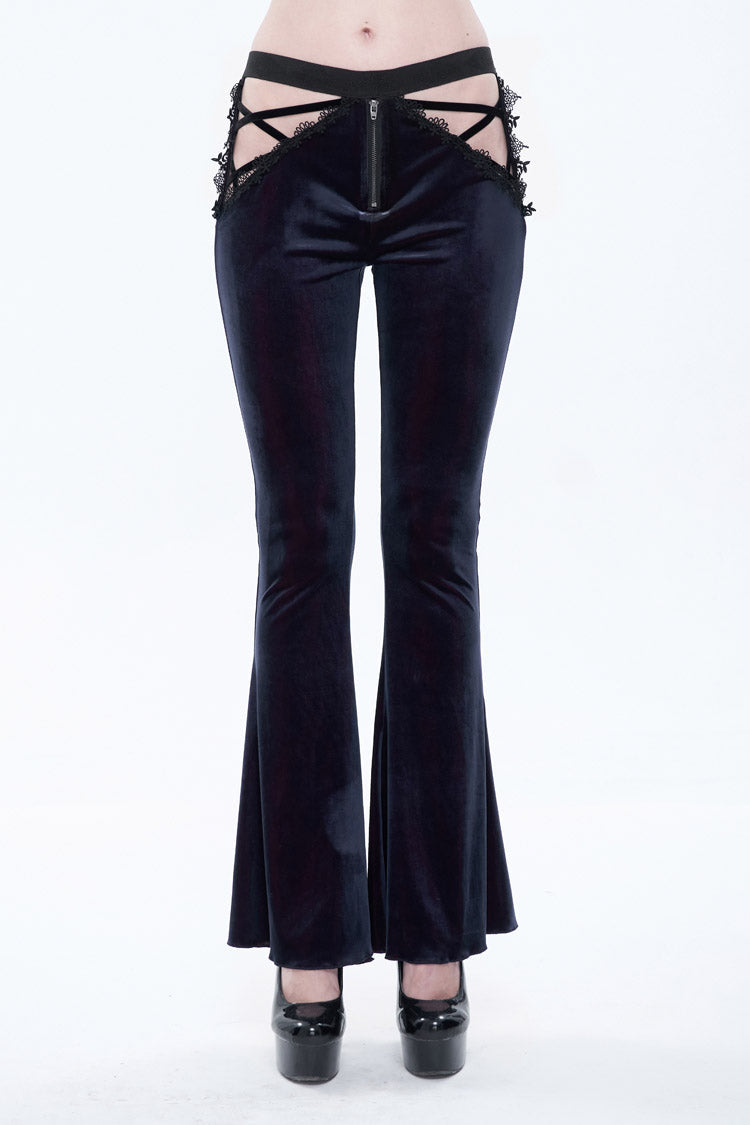 Black/Red Velvet Low-Rise Ribbon Cutout Flare Women's Gothic Pants - Black/Red - 1
