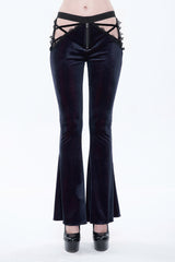Black/Red Velvet Low-Rise Ribbon Cutout Flare Women's Gothic Pants - Black/Red - 1
