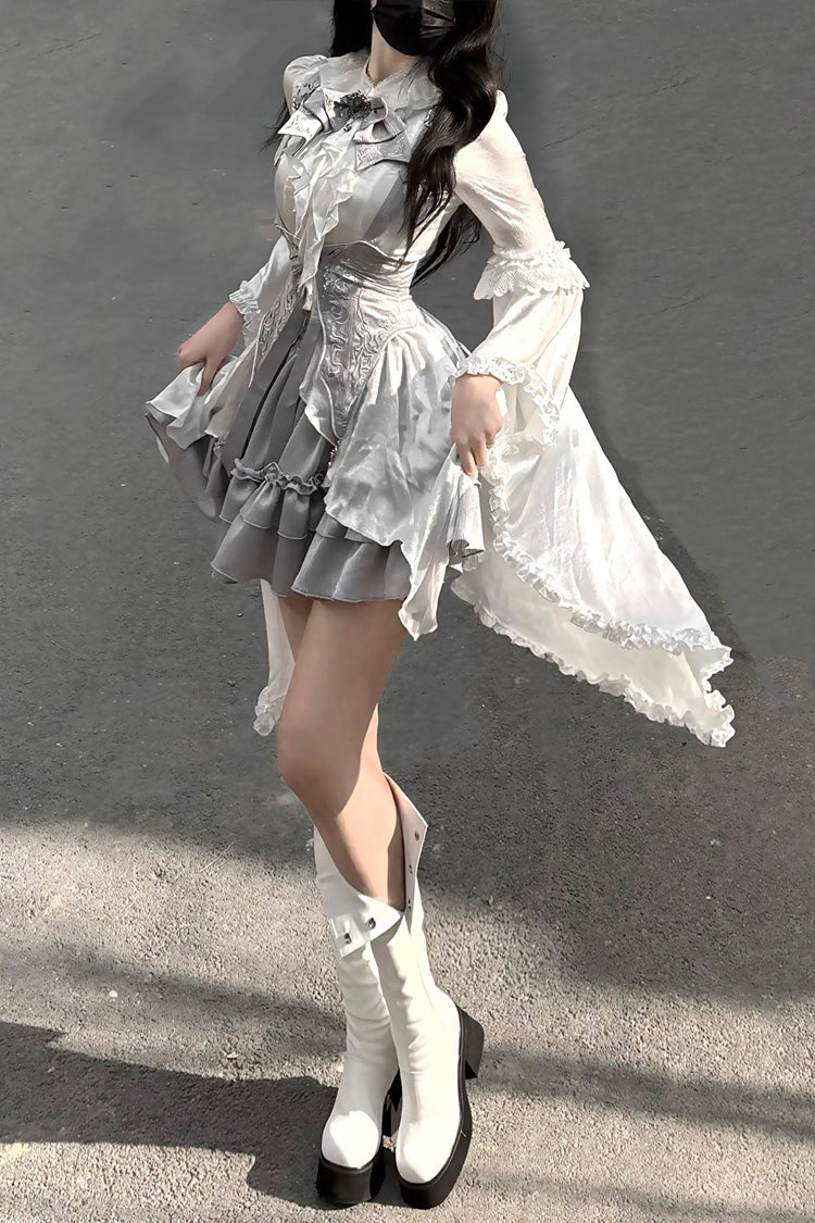 White/Silver [The Silver Key] Long Sleeves Ruffled Embroidered Open-Front Bow Gothic Lolita Skirt Set - Product - 6