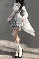 White/Silver [The Silver Key] Long Sleeves Ruffled Embroidered Open-Front Bow Gothic Lolita Skirt Set - Product - 6