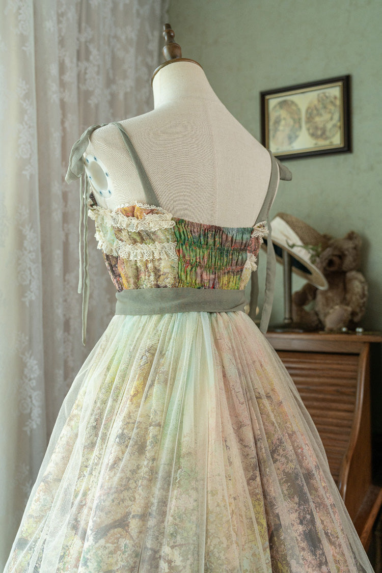 Green [Oil Painting – Spring] Sleeveless Print Ruffle Bowknot Lace Sweet Lolita Jsk Dress - Product - 16