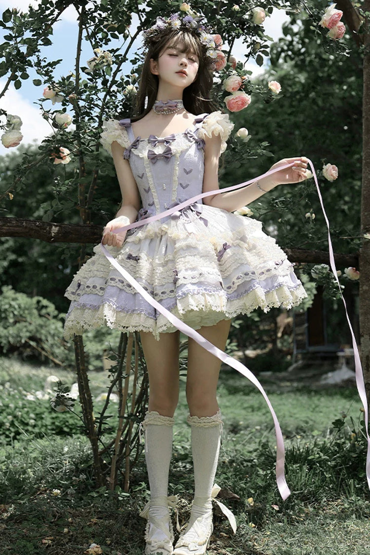 [Wind Chime Poem] Square Collar Flutter Sleeves Triple-Layered Printed Ruffled Bow Sweet Lolita Jsk Dress 4 Colors (Blue, Pink, Purple, Green) - Product - 3