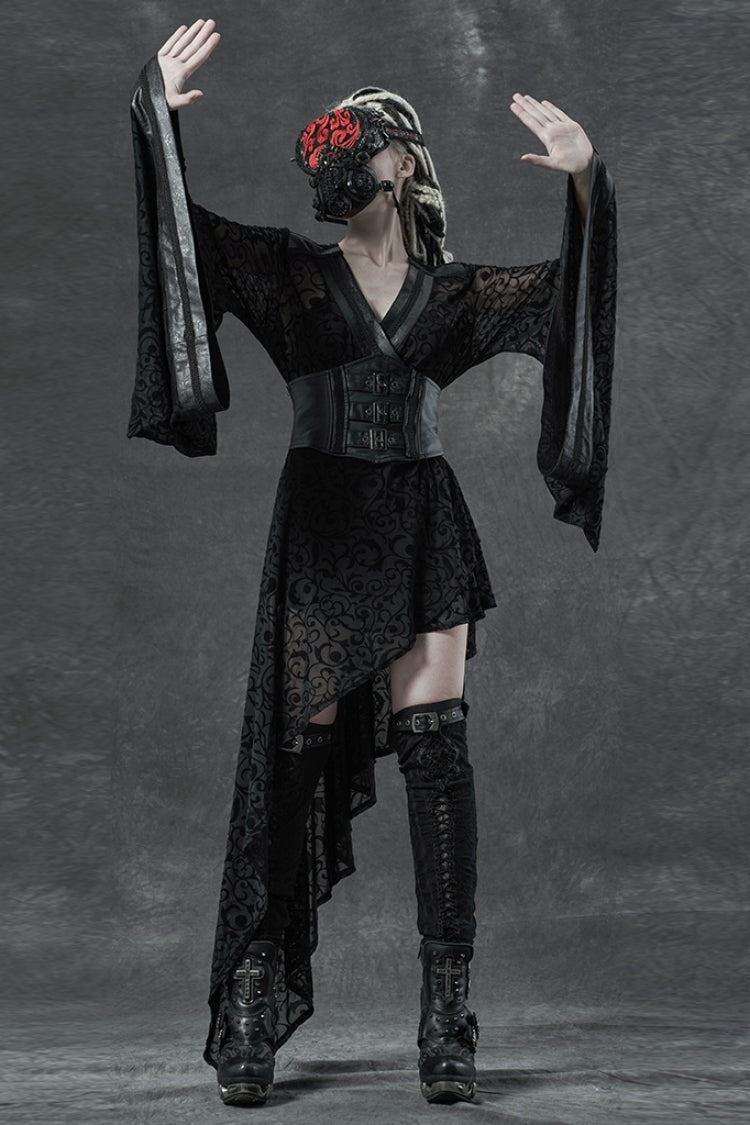 Black V Collar Long Trumpet Sleeves Embroidery Lace Girdle Irregular Womens Gothic Dress - Product - 4