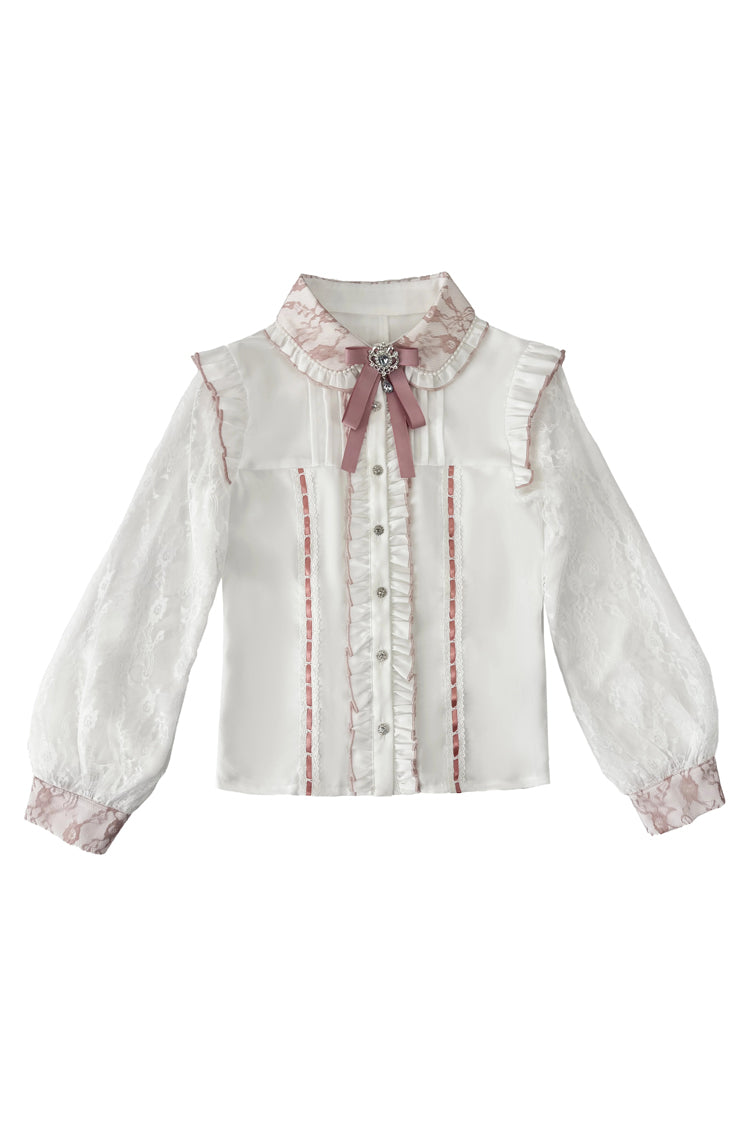 Sweet Lapel Collar Long Sleeves Jacquard Ruffled Bow Jirai Kei Japanese Blouse 2 Colors - White/Pink - 2