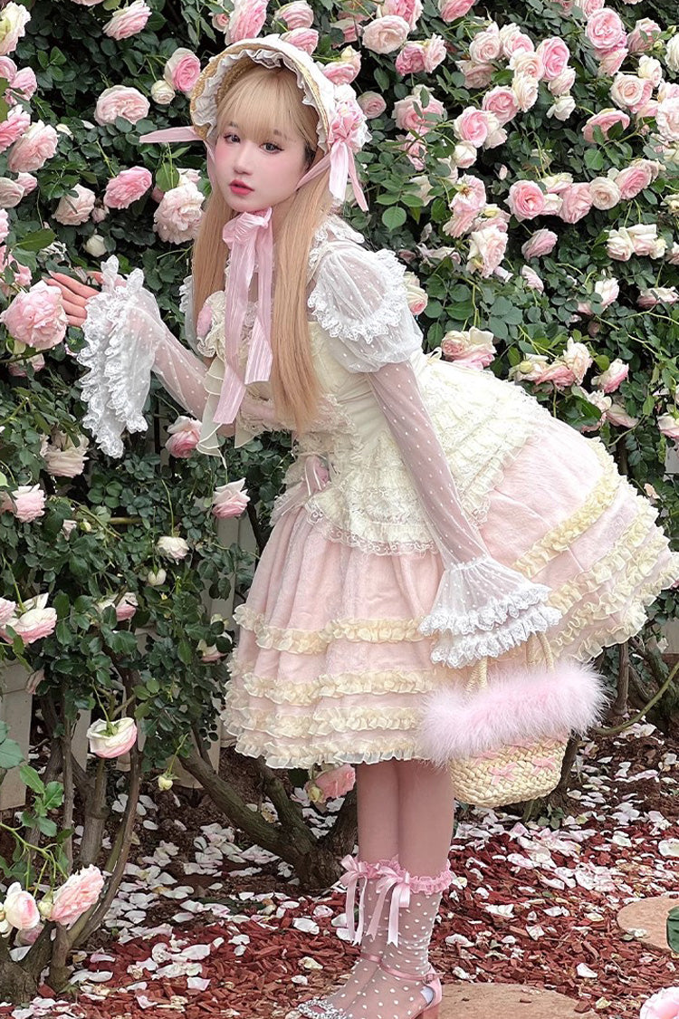 Pink/Yellow Dream Lace Romantic Bowknot Princess Sweet Lolita Skirt Dress - Product - 4