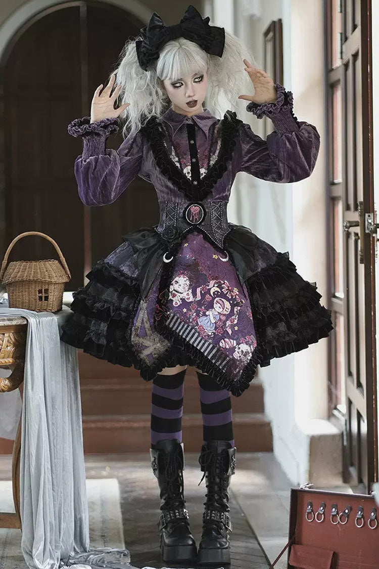 [Werewolf] Fairy Tale Lapel Collar Long Sleeves Printed Ruffled Open-Front Lace Heavy-Detailed Gothic Lolita Skirt Set (Red, Grey, Purple) - Purple - 13