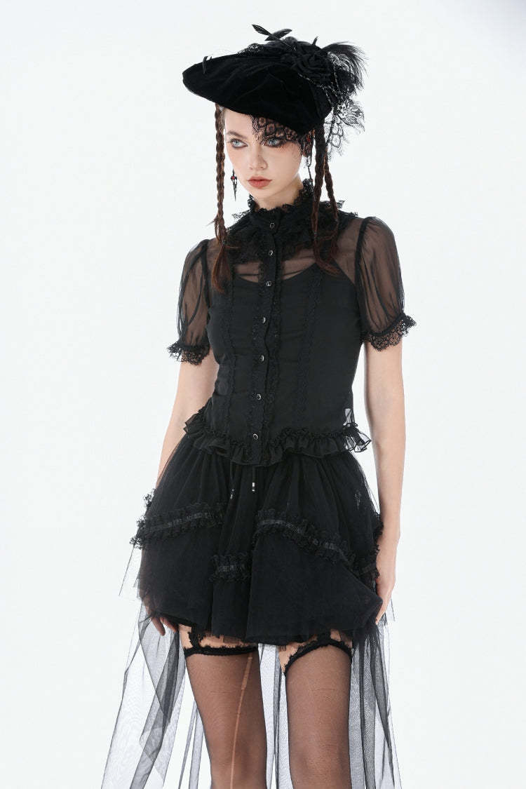 Black Multi-Layered Ruffled Lace Short Puff Sleeves Sheer Women's Courtly Gothic Blouse - Black - 1