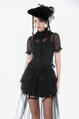 Black Multi-Layered Ruffled Lace Short Puff Sleeves Sheer Women's Courtly Gothic Blouse - Black - 1