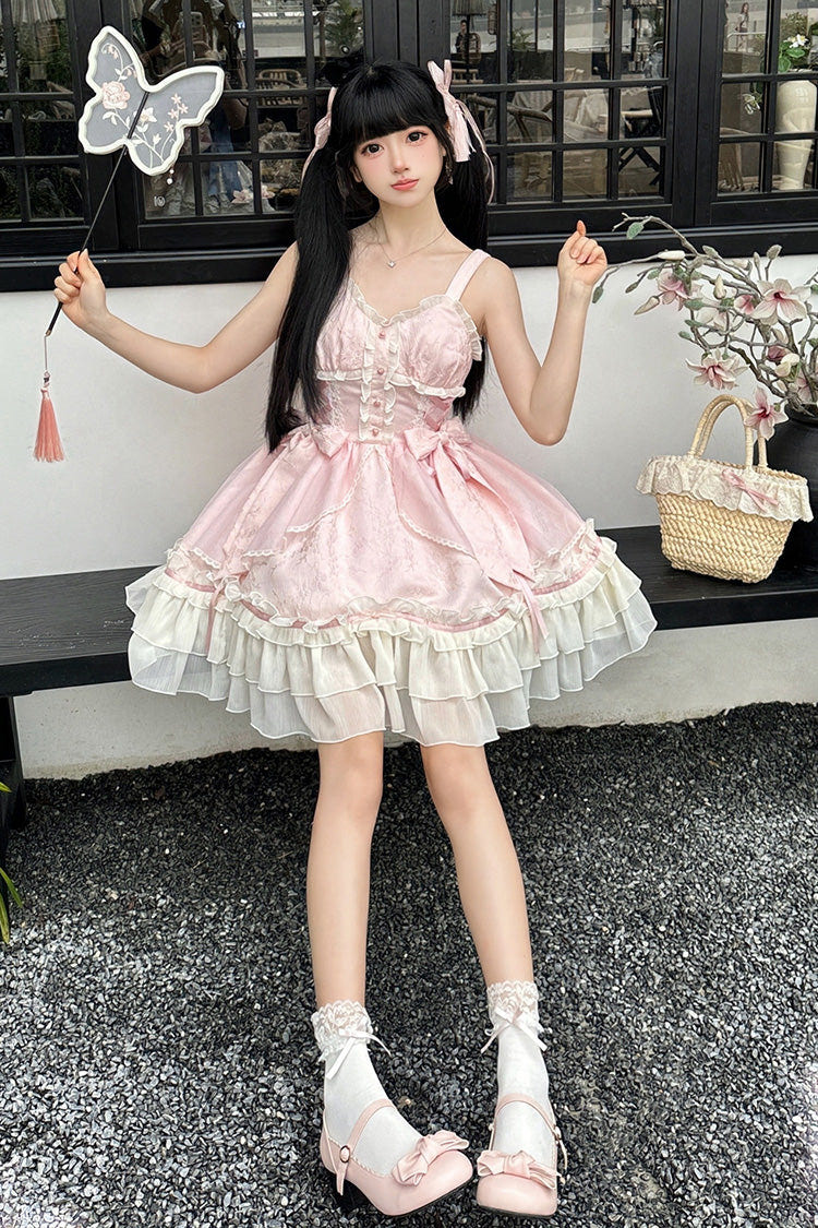 Pink [Spring Flower Notes] Ruffle Bowknot Lace Sweet Princess Lolita Jsk Dress - Product - 4