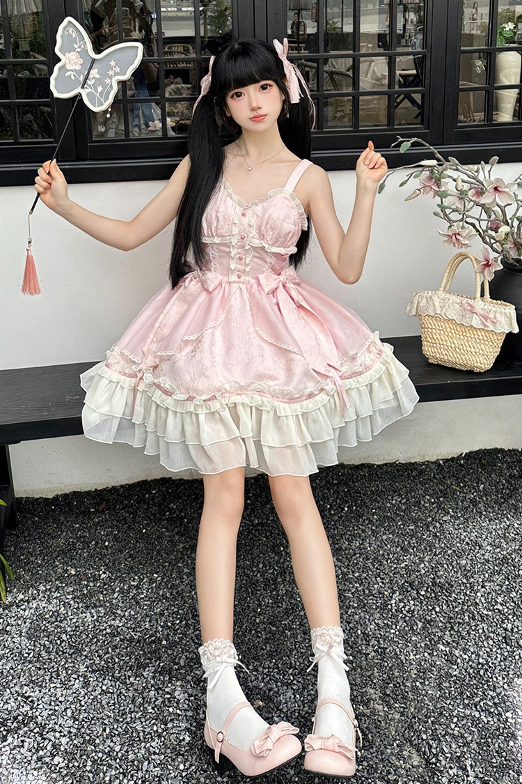 Pink [Spring Flower Notes] Ruffle Bowknot Lace Sweet Princess Lolita Jsk Dress - Product - 4