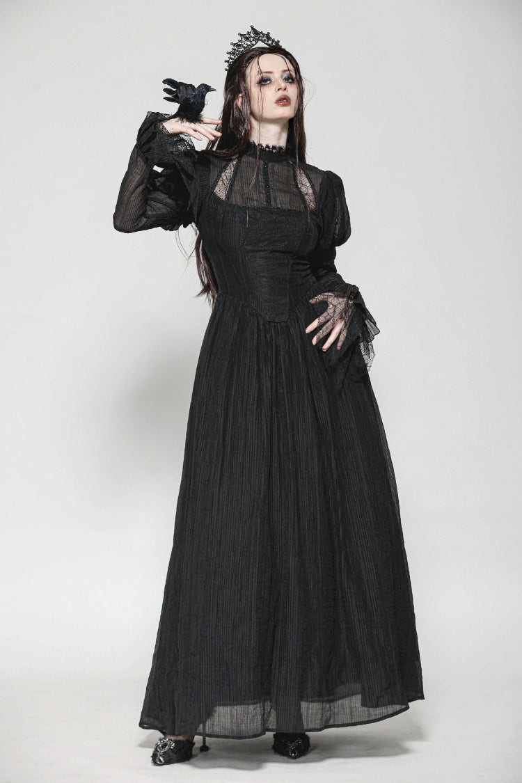 Black Women's Gothic Ruffled Stand Collar Long Puff Sleeves Spiderweb Splice Witch Maxi Dress - Product - 11
