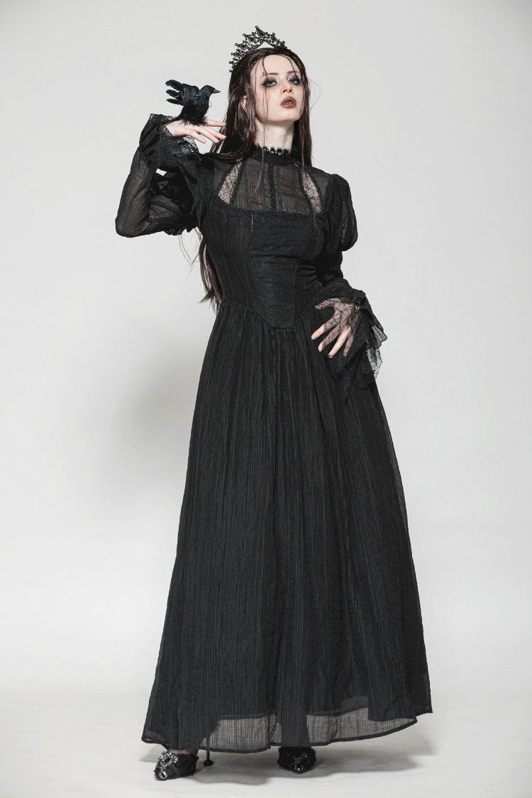 Black Women's Gothic Ruffled Stand Collar Long Puff Sleeves Spiderweb Splice Witch Maxi Dress - Product - 11