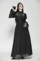 Black Women's Gothic Ruffled Stand Collar Long Puff Sleeves Spiderweb Splice Witch Maxi Dress - Product - 11