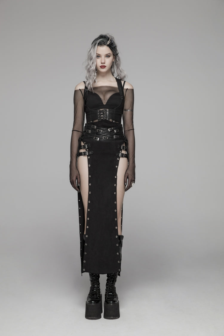 Black Metal Buckle PU Leather Buckle Lace-Up Sheer Women's Steampunk Long Skirt - Product - 2