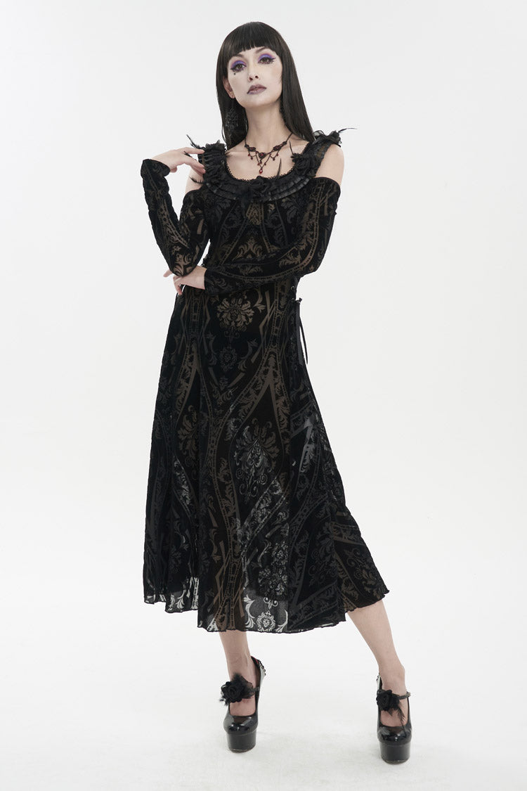 Black Off Shoulder Ruffled Flocked Print Long Women's Gothic Dress - Product - 3
