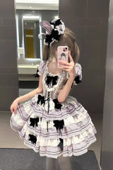 Triple-Layered Short Sleeves Vertical Stripes Print Ruffle Bowknot Lace-Up Sweet Lolita Jsk Dress 2 Colors - Product - 4