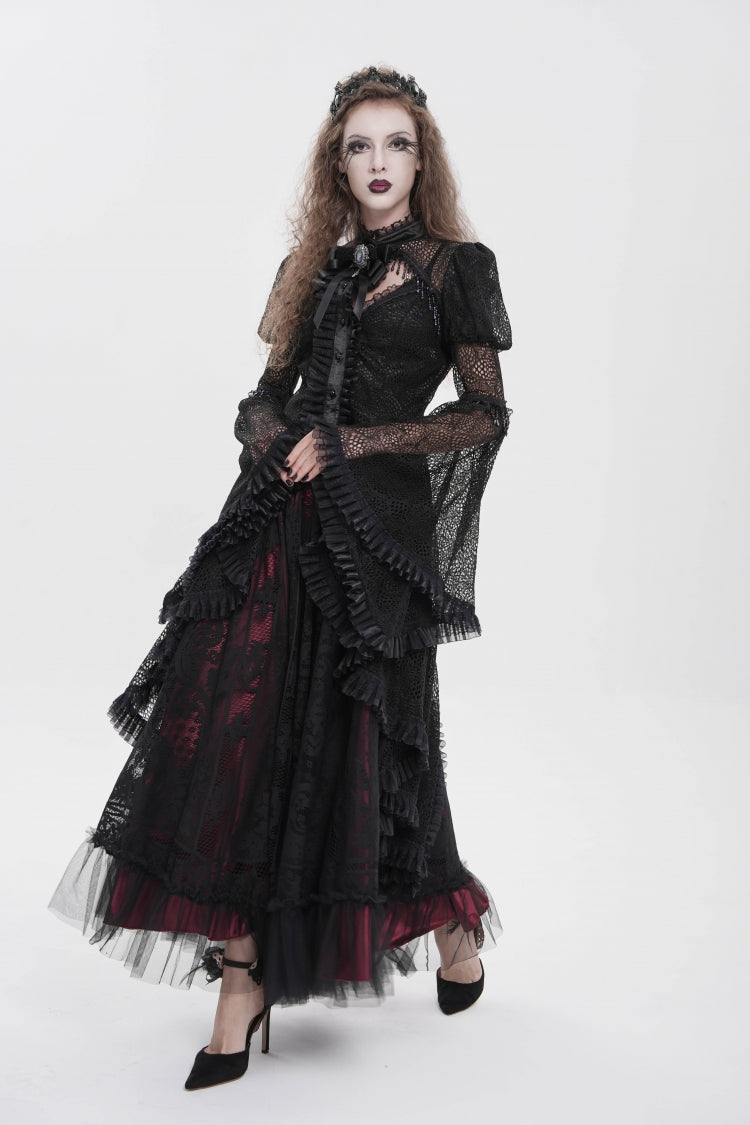 Black Stand Collar Long Trumpet Sleeves Cut-Out Women's Gothic Gorgeous Blouse - Product - 5