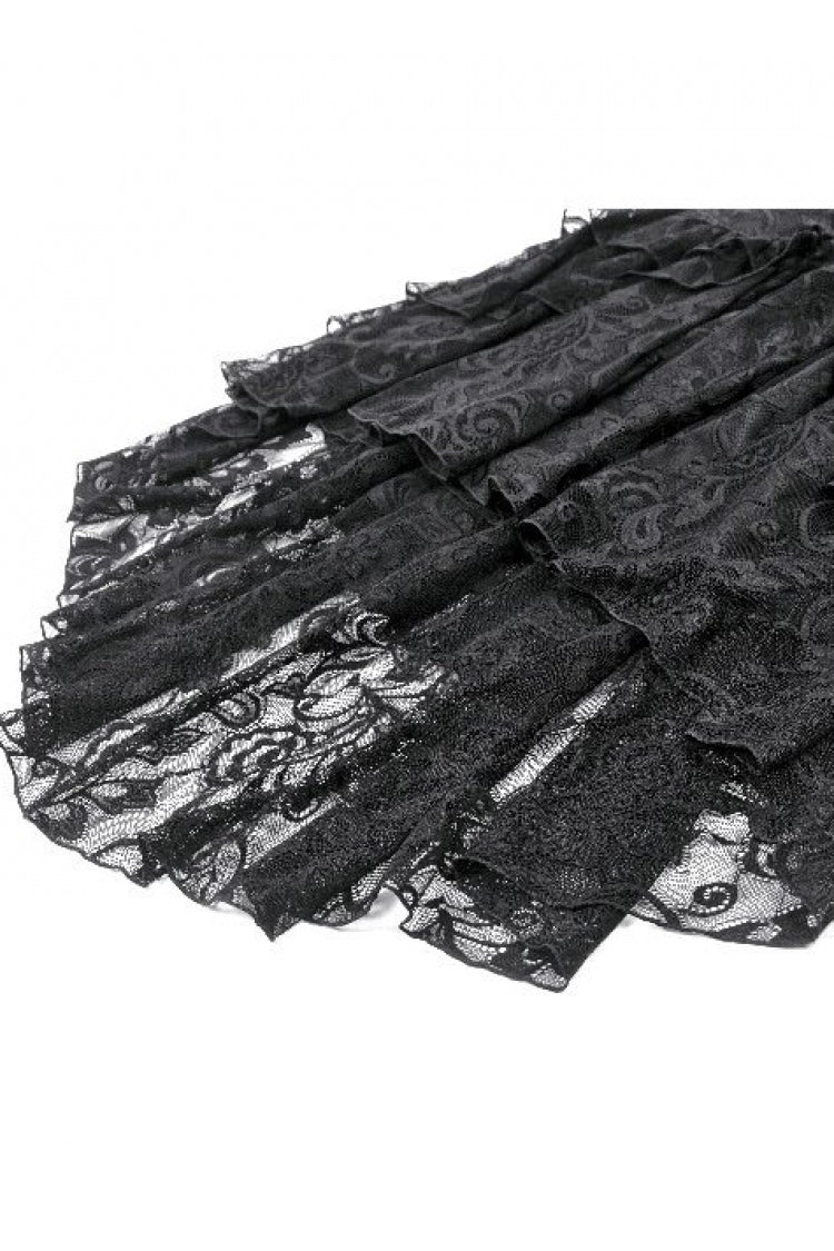 Black Lace-Up Women's Gothic High-Low Multi-Layered Ruffled Tail Lace Slip Dress - Product - 11