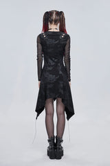 Black Shoulder Cutout Tie Rope V Neck Pattern Print Decorative Women's Gothic Dress - Product - 4