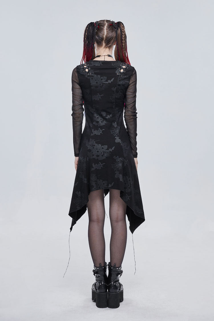 Black Shoulder Cutout Tie Rope V Neck Pattern Print Decorative Women's Gothic Dress - Product - 4