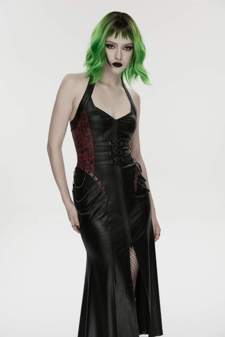 Black/Red Halterneck Sleeveless Lace-Up Slim Buckled Women's Punk Dress - Product - 6