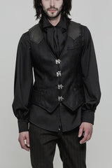 Black Sleeveless Print Stitching Metal Button Mens Steampunk Vest - Black - 1