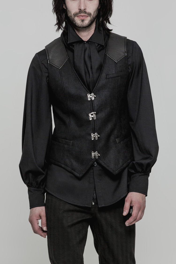 Black Sleeveless Print Stitching Metal Button Mens Steampunk Vest - Black - 1