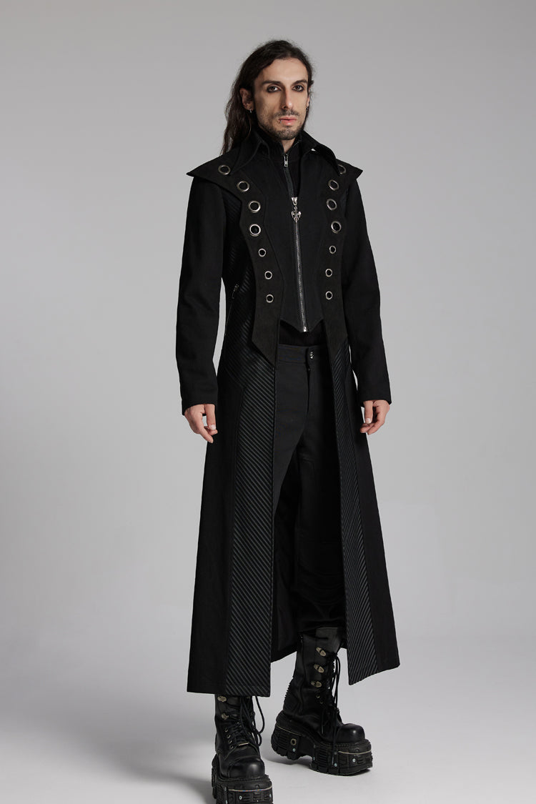 Black Metal Ring Zipper Long Sleeves Men's Punk Long Jacket - Product - 4