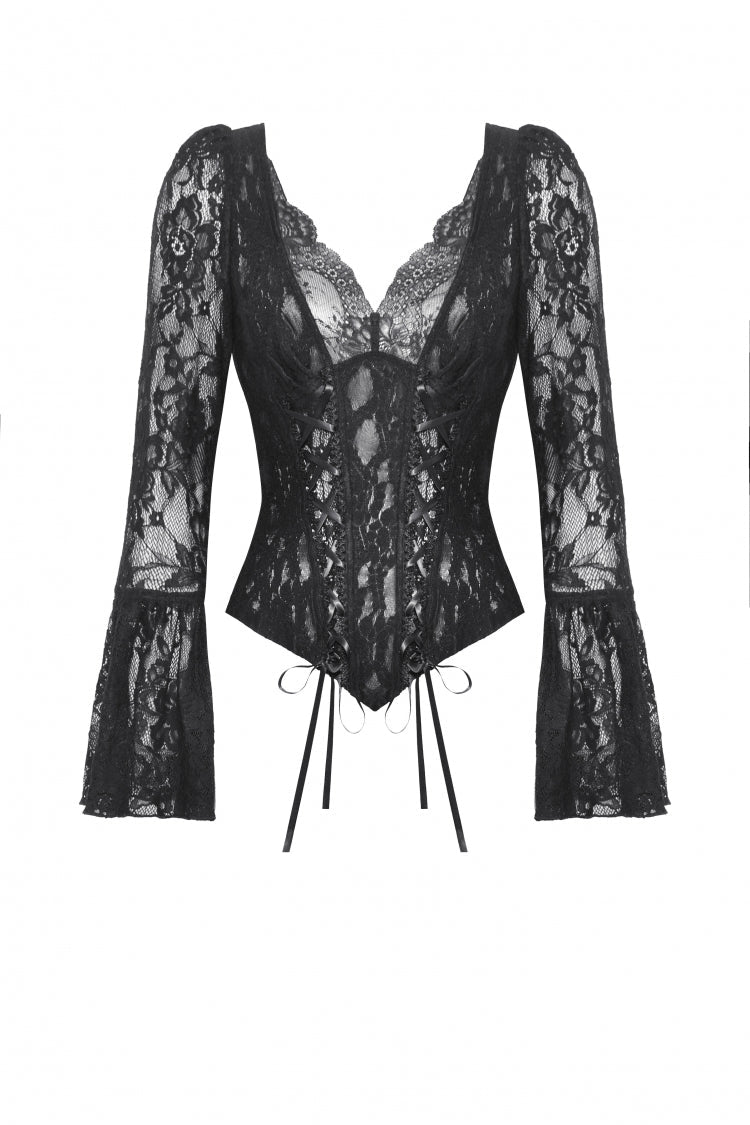 Black Deep V Collar Long Trumpet Sleeves Lace Lace-Up Women's Gothic Corset Top - Product - 3