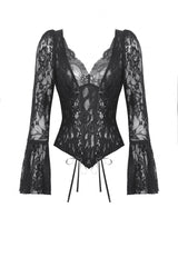 Black Deep V Collar Long Trumpet Sleeves Lace Lace-Up Women's Gothic Corset Top - Product - 3