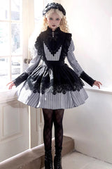 Light Grey [Nocturne] Vertical Stripes Print Ruffle Bowknot Lace Gothic Lolita Dress 2 Versions - Product - 8