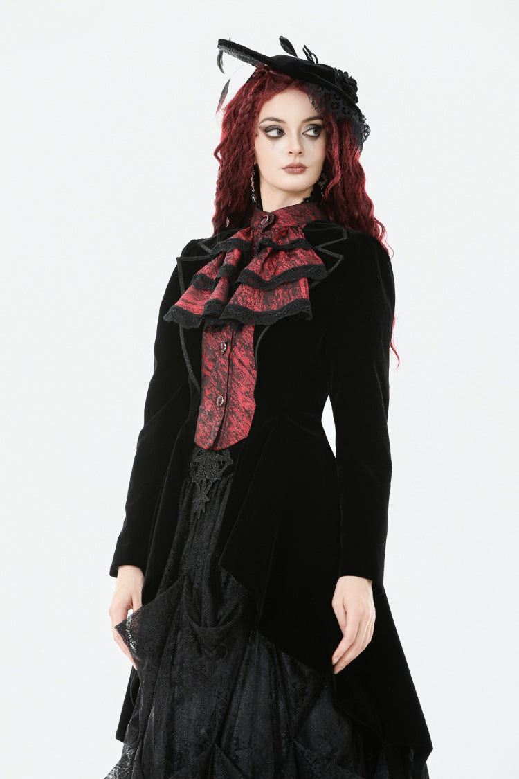 Black/Red Peak Lapel Collar Long Sleeves Multi-Layered Lace Mock Two-piece Women's Gothic Tailcoat - Product - 10
