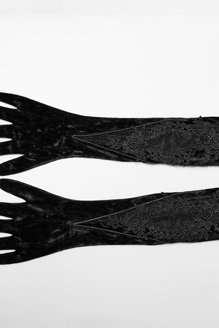 Black Floral Embroidery Lace-Up Women's Gothic Gloves - Product - 5