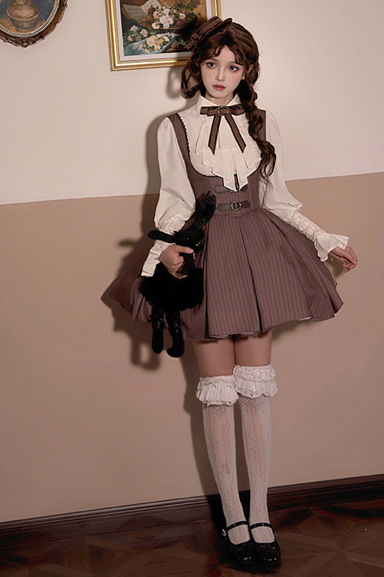 Brown [Manchester City's Past] Striped Print Breast Support Short Version Sweet Lolita Dress - Product - 11