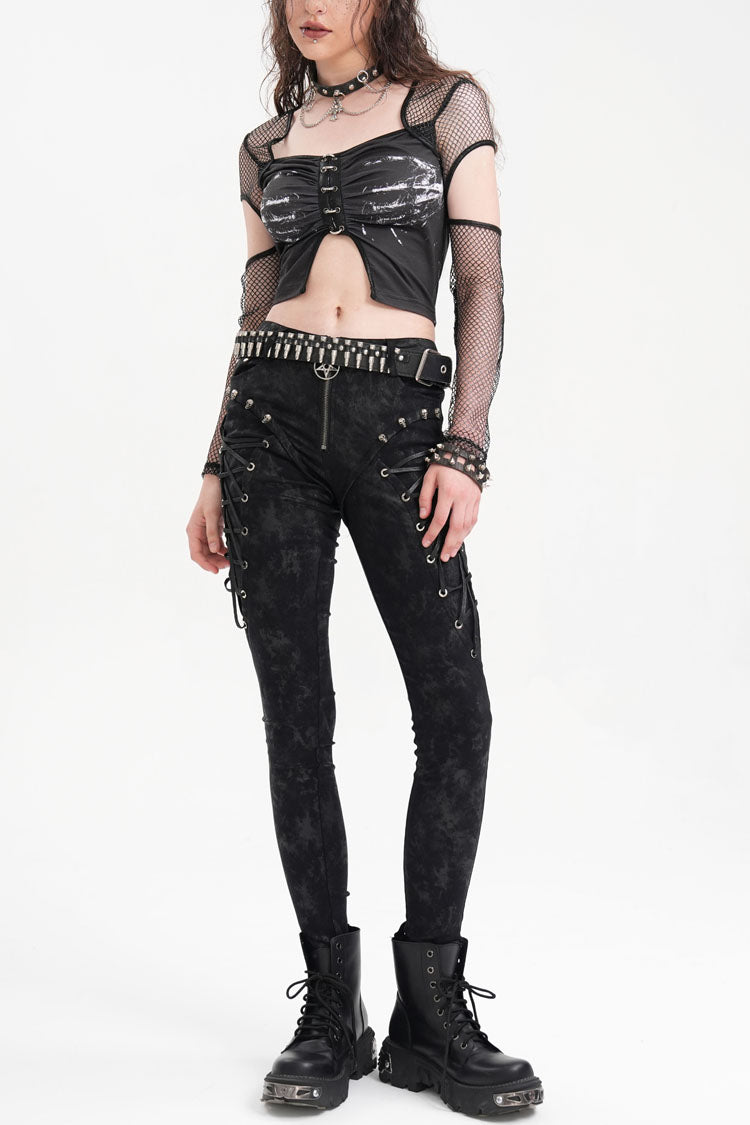 Black Skull Rivets Lace-Up Women's Punk Pants - Product - 8