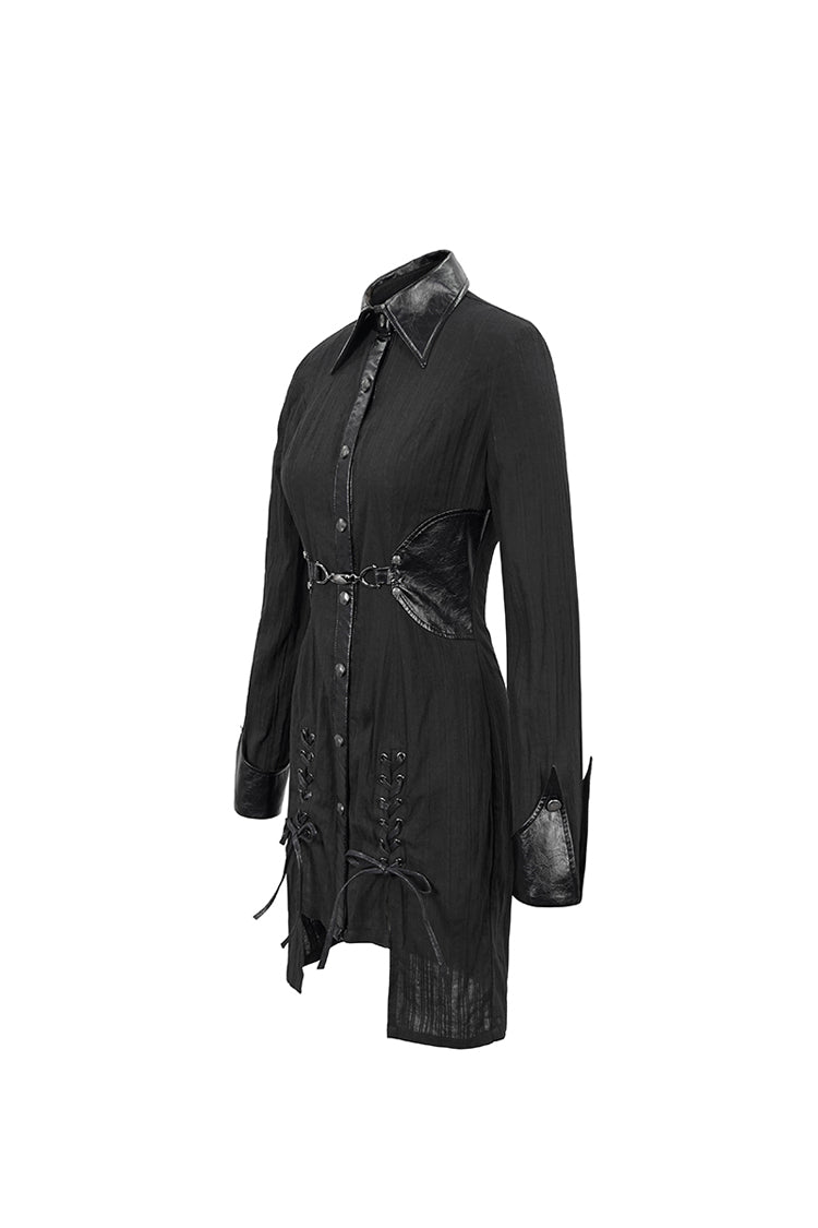 Black Vertical Suture Texture Leather Metal Buckle Design Decoration Long Women's Punk Shirt - Product - 8
