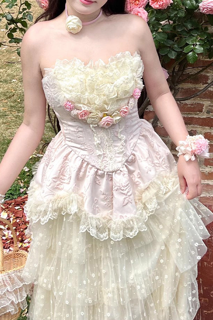 Pink Flower Goddess of Love Ruffle Bowknot Lace Sweet Elegant Lolita Maxi Skirt Dress Set - Product - 7