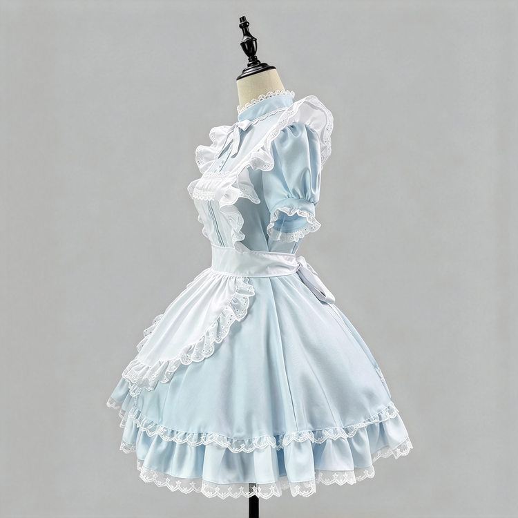 Light Blue and White Ruffled Maid Lolita Halter Dress with Apron Accent - view 5