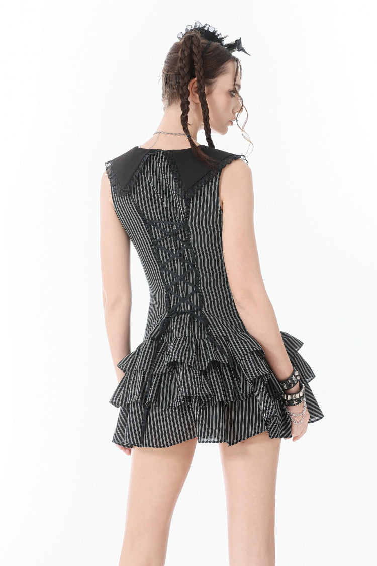 Black/Grey Navy Collar Sleeveless Bow Lace-Up Pinstripe Multi-Layered Ruffled Women's Gothic Dress - Product - 4