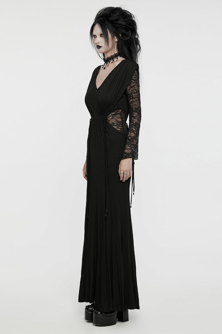 Black V Collar Long Sleeves Stitching Lace Women's Gothic Drawstring Honeymoon Dress - Product - 2