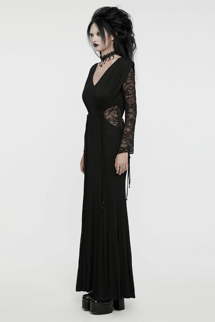 Black V Collar Long Sleeves Stitching Lace Women's Gothic Drawstring Honeymoon Dress - Product - 2