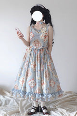 Cat Rose Tea Sleeveless Print Ruffle Bowknot Sweet Lolita Jumper Dress Version2 3 Colors - Blue - 11
