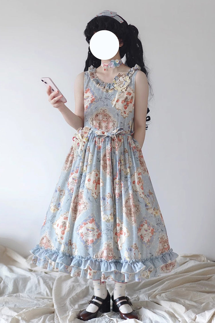 Cat Rose Tea Sleeveless Print Ruffle Bowknot Sweet Lolita Jumper Dress Version2 3 Colors - Blue - 11