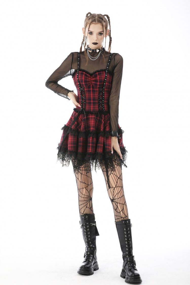 Red Sleeveless Hem Plaid Layered Lace Women's Punk Mini Strap Dress - Product - 8