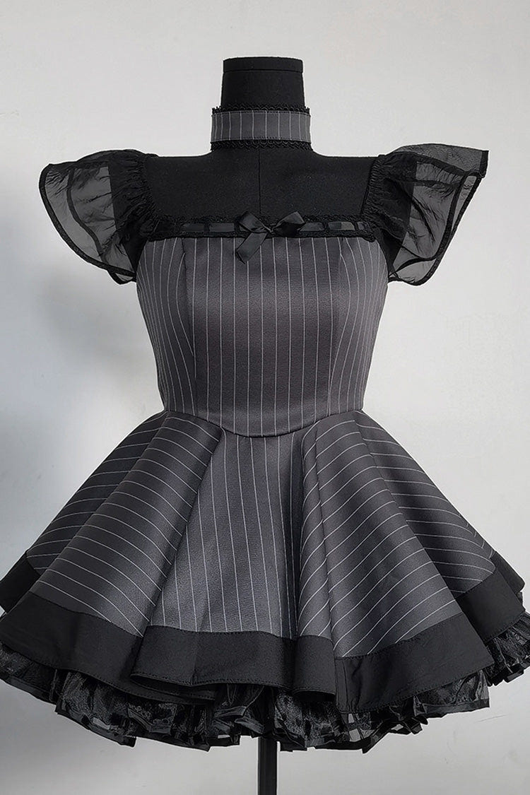 Grey Stripe Print Ruffle Bowknot Gothic Japanese Maid Lolita Dress - Product - 3
